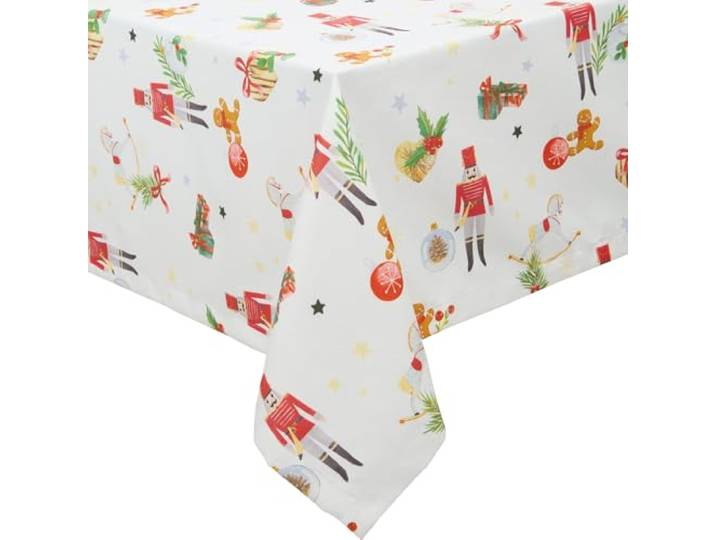 Erwin Müller Tischdecke Nussknacker fleckabweisend weiß-rot Größe 130x220 cm - pflegeleicht und strapazierfähig, mit Fleckschutz, Motiv Lebkuchenmännchen, Weihnachten