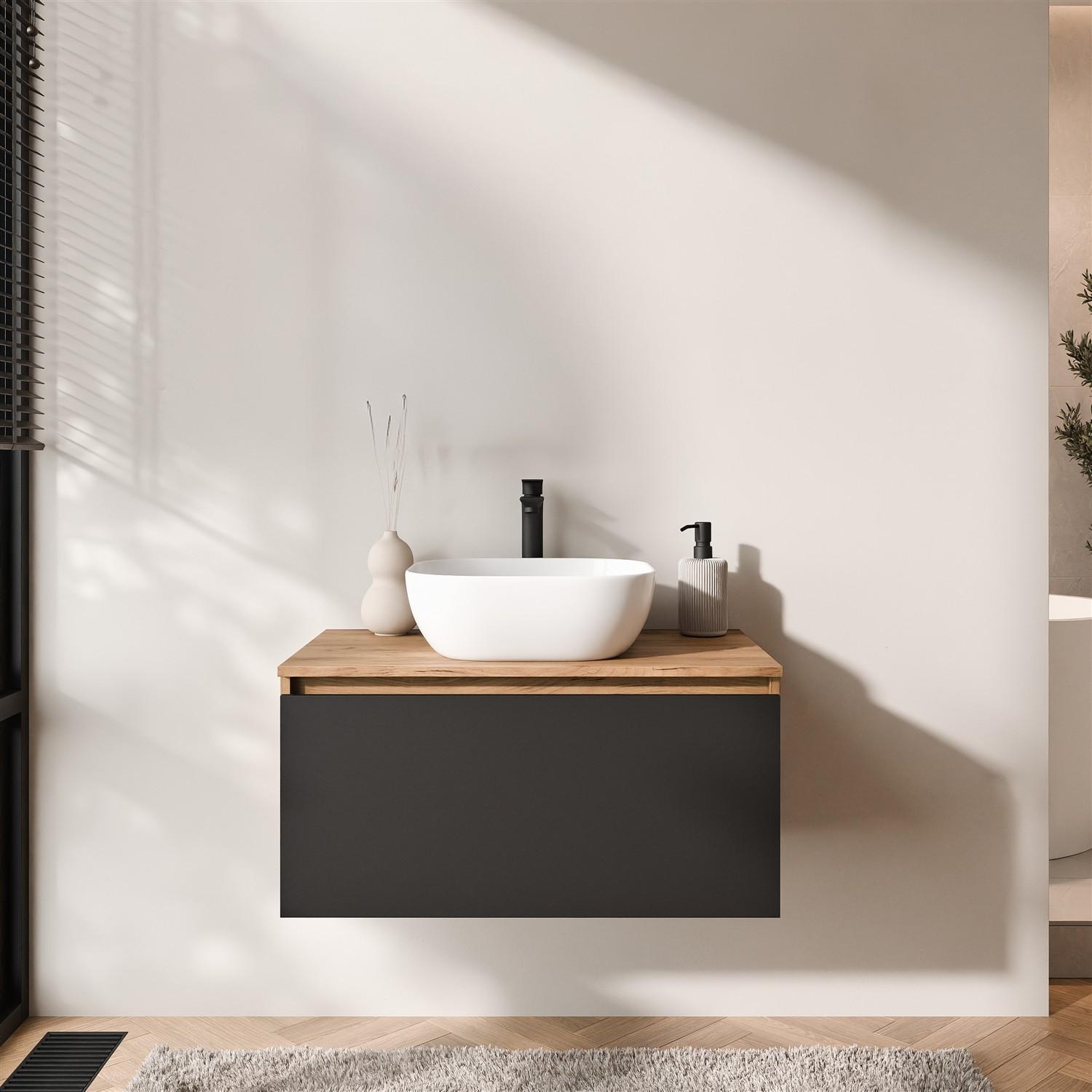 Planetmöbel ARISA Waschtisch 80 cm schwarz mit Keramik-Aufsatzwaschbecken 42 cm in weiß