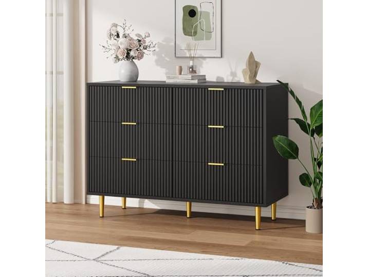 LuxFocus Kommode 6 Schubladen MDF Wellenfront Goldgriffe Schwarz Moderner Schubladenschrank mit Kippschutz und großzügigem Stauraum für Wohnzimmer, Schlafzimmer und Flur