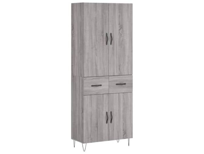 Fisinber Highboard Grau Sonoma 69,5x34x180 cm Schrank aus Holzwerkstoff Eleganter Lagerschrank fürs Wohnzimmer mit Metallfüßen, stabilen Türen und viel Stauraum für Sortierung im Alltag.