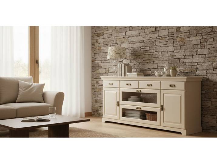 Sideboard OTTO HOME Rügen Kommode mit 2 Türen, 6 Schubläden mit Metallringgriffe , beige (kaschmir, lackiert), B:180cm H:85cm T:40cm, Massivholz, Sideboards, Sideboard, aus massiver Kiefer, Schubladen mit Glaseinsatz, natürliche Maserung