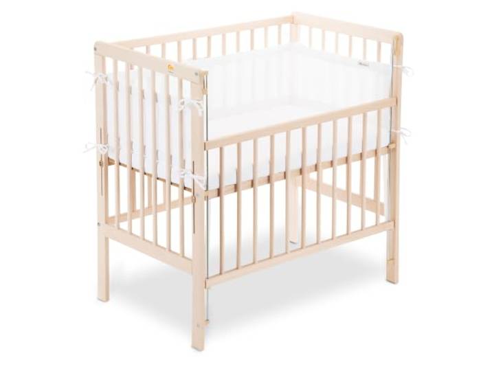 FabiMax Boxspring Baby Beistellbett Flex 90x55, TÜV geprüft, aus Buchenholz Natur, mit innovativem verstellbarem Seitengitter, passend für Boxspringbetten, Matratze Classic, Netz Weiß