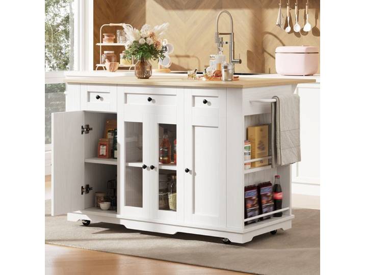Zitty Îlot de Cuisine Blanc avec Plateau Rabattable Desserte de Cuisine MDF et Verre 151.5x85x91.7cm
