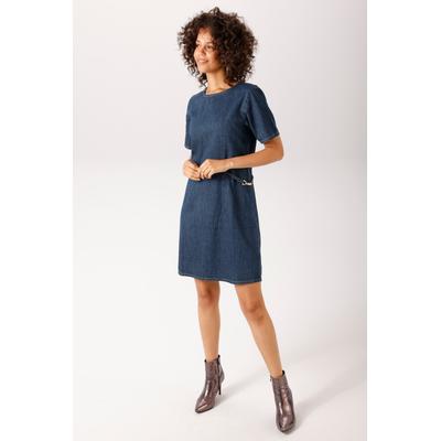 Jeanskleid ANISTON CASUAL, Damen, Gr. 42, N-Gr, dunkelblau, Denim/Jeans, Obermaterial: 100% Baumwolle, leichte Abriebeffekte, unifarben, figurumspielend kniefrei, Rundhals, Kleider, mit goldfarbenen Schmuck-Elementen an den Seiten - NEUE KOLLEKTION,...