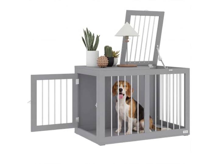 PawHut Hondenkooi, meubel met 2 deuren, staal, hondenbox voor thuis, binnen, hondenhok voor middelgrote honden tot 20 kg, bijzettafel, hondenhuis, 80 x 50 x 56,5 cm, grijs