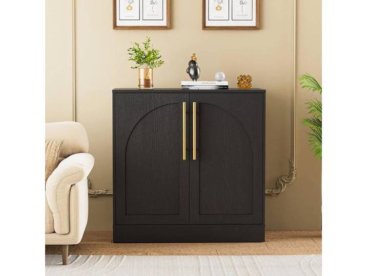 GOOBUY Buffet Bas à 2 Portes Meuble de Rangement avec Manche en Métal Doré Porte à Motif en Arc Support 50kg 80x40x78cm Noir