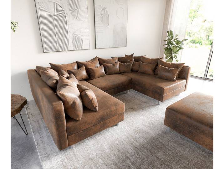 DELIFE Wohnlandschaft Clovis, Braun Vintage Optik mit Hocker Wohnlandschaft Modulsofa