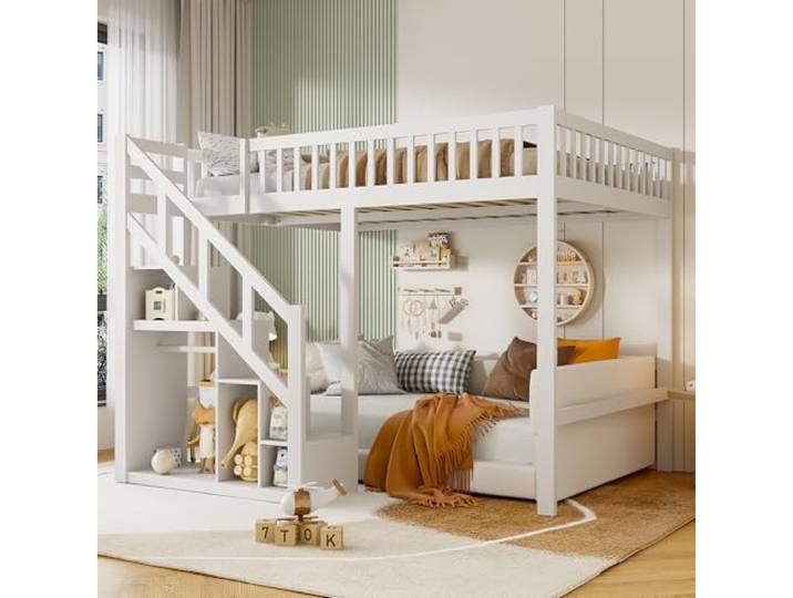 Etagenbett 140x200 cm für Kinder, Kinderbett Hochbett 140x200 mit Treppe & Aufbewahrungsschrank, Funktionsbett Jugendhochbett Stockbett Kinderhochbett mit Lattenrost,Massivholz,Ohne Matratze