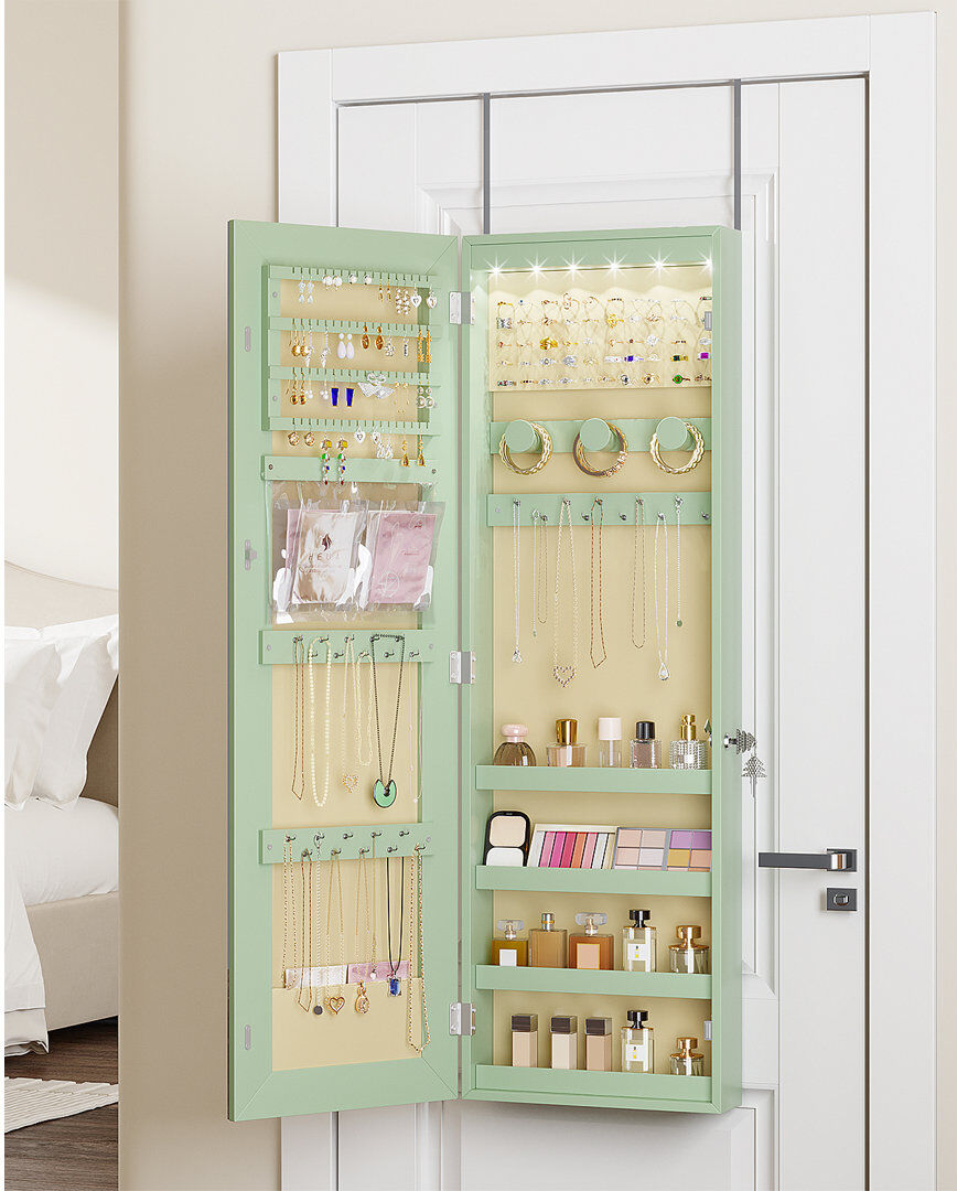 Brayden Studio Jewelry Cabinets with Mirror and LED Lights, Door Hanging/Wall Mounted Jewelry Armoire Green 108cm H X 34cm W X 18cm D