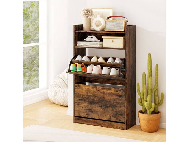 COSTWAY Meuble a Chaussure avec 2 Tiroirs Abattants Rangement Ouvert Étagère à Chaussures pour Entrée Couloir Hall Salon