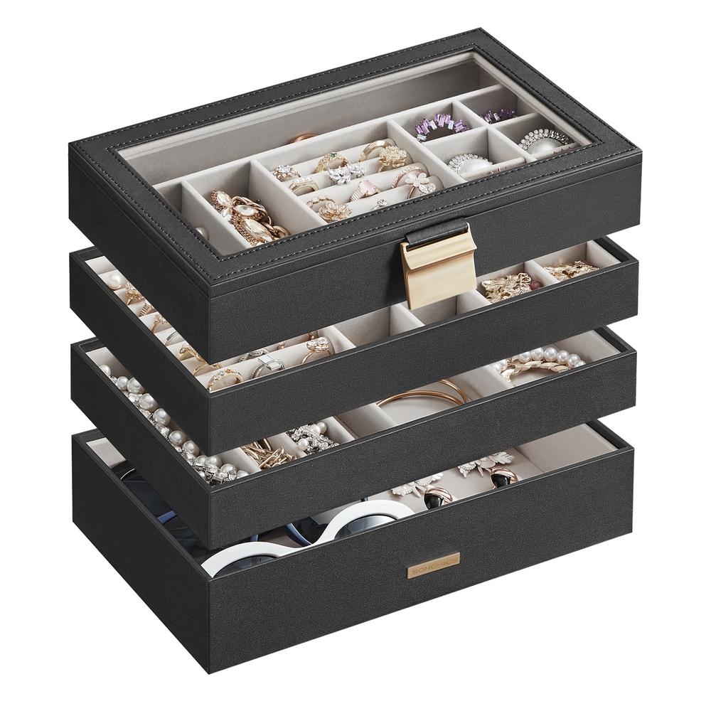 SONGMICS Schmuckkästchen 4 Ebenen mit Glasdeckel Geschenkidee schwarz JBC164B01
