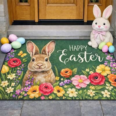 LightInthebox Easter Doormat Featuring Cute Bunny Surrounded by Vibrant Flowers and Happy Easter Message Perfect for Spring Holiday Decor