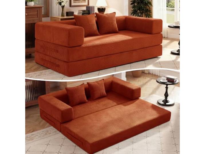 Vipbear Schlafsofa 200cm Breit,5-in-1 Faltbares Boneless Couch Orange Bodensofa Bed Cordstoff 3er mit Schlaffunktion,Klappsofa Gästebett mit Armlehnen & Rückenkissen,Metallrahmen,ohne Montage