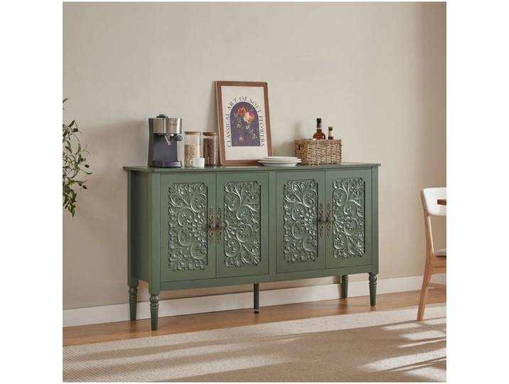 MEUBLIV Buffet bas vintage vert à 4 portes grand rangement coins arrondis et relief sculpté