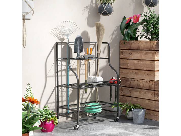 Outsunny Support Outils Jardin 54 Emplacements 5 Crochets Roues Noir