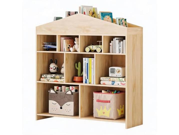 Zstar Montessori Kinder Bücherregal Hausform mit 9 Fächern 103 × 100 × 30 cm, Kinderregal mit großen Ablagen für Bücher und Spielzeug, Kinderzimmer, Gelb