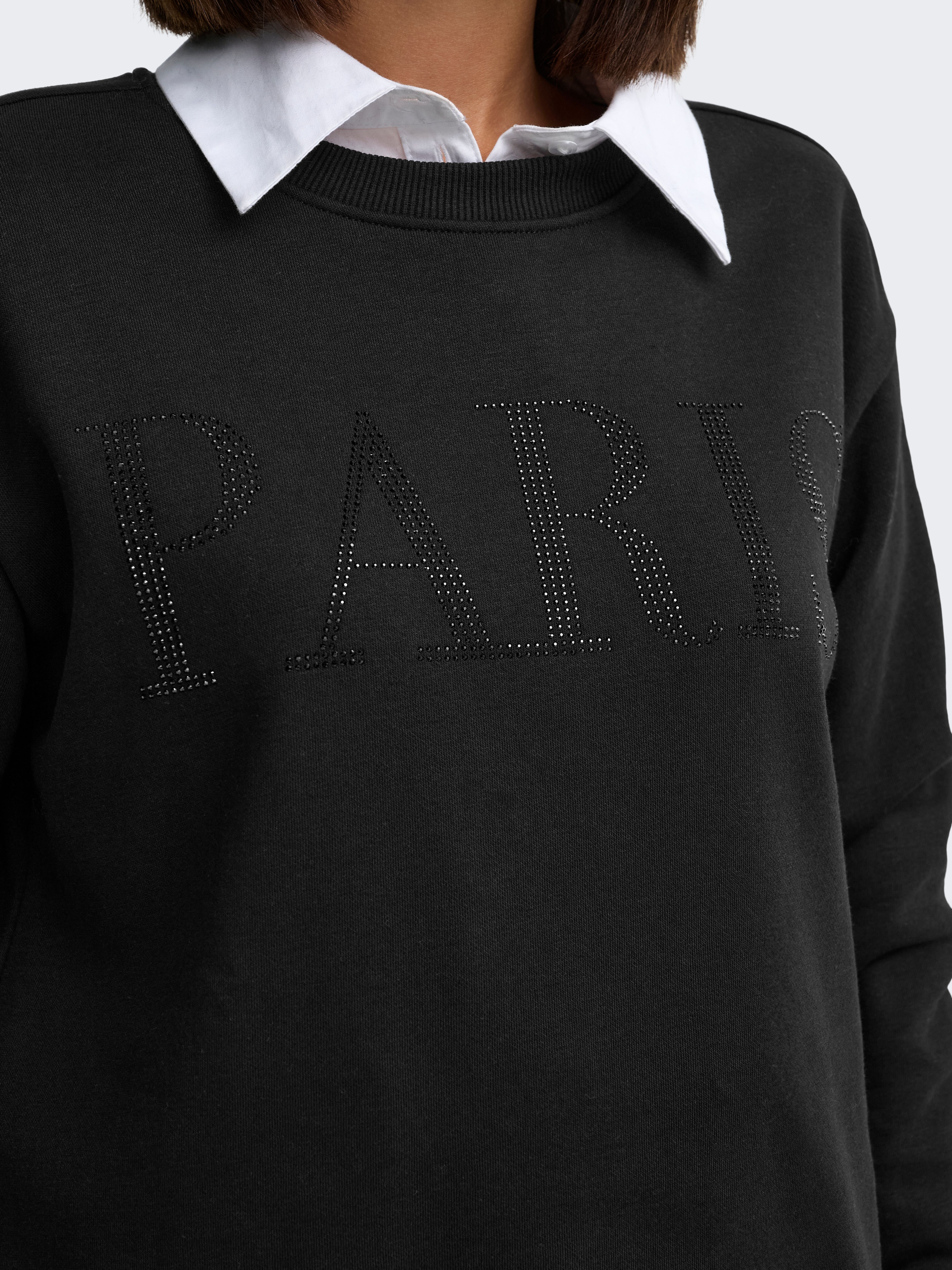 Sweatshirt JDY "JDYPARIS L/S EMB SWEAT JRS NOOS", Damen, Gr. XL, schwarz (schwarz detail:glitter paris tnt emb), Sweatware, Obermaterial: 60% Baumwolle, 40% Polyester, bedruckt, regular fit normal, Rundhals, Sweatshirts Sweatshirt, Baumwollmischung, regul