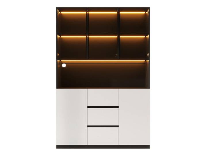 Urban Meuble Vitrineschrank schwarz & weiß 200 cm hoch mit led-beleuchtung & kabelmanagement, Schwarz, 120x200x40 cm, Esszimmer, Anrichten, Buffetschränke