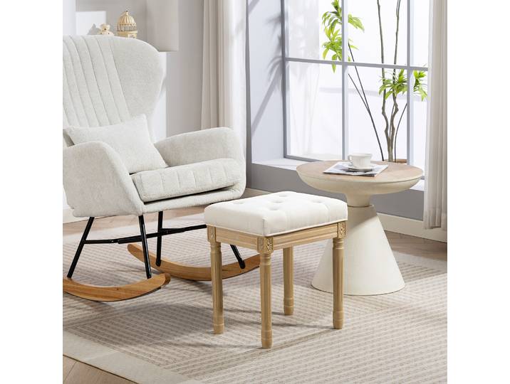 HOMCOM Repose-Pieds Rustique Lin Beige Pieds Bois Sculptés