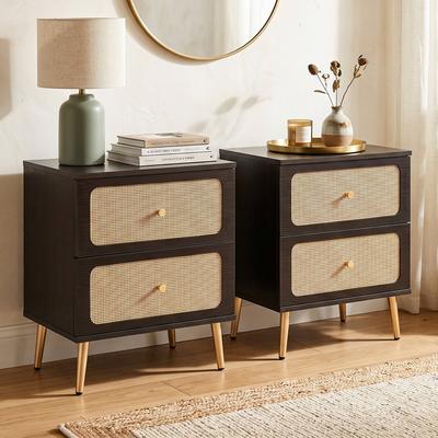 Uixe Mid-Century Modern Solid Wood Rattan Nightstand with 2 Drawers