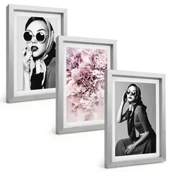 BILDER SET 3er Set - 20x30 cm Silberner Rahmen - Stilvolle Porträts von Frauen mit Blumen