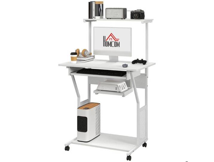 LIA Bureau ordinateur roulant étagères blanc 80x50x130cm
