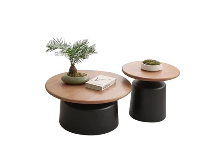 BAYTEWJX Moderner runder Couchtisch, 2er Set, aus Holz, für Wohnzimmer, schwarz, 75x36 cm (groß), 50x42 cm (klein)