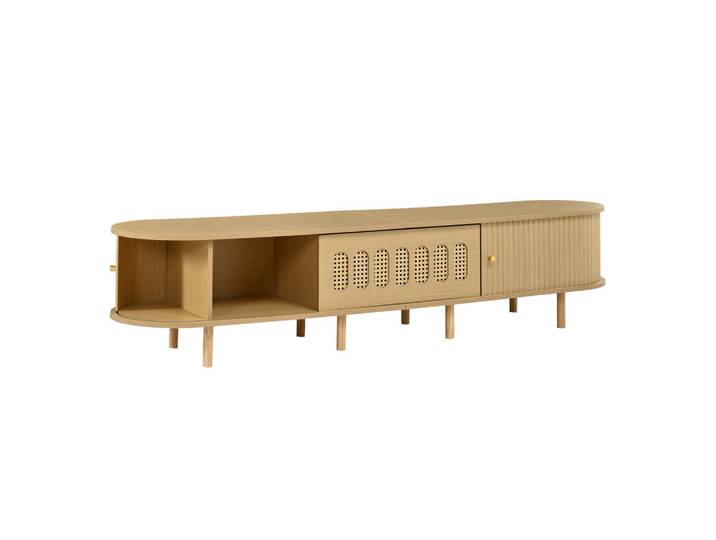ComfortXL Lowboard De-40410 Klapptür mit Rattan-Design und Rolltüren Helle Holzfarbe, Naturfarben, 180x40x40 cm, Wohnzimmer, TV Möbel, Lowboards, Lowboards stehend