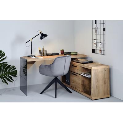 Eckschreibtisch JAHNKE "LUX", grau (kerneiche, grauglas, kerneiche, grauglas, kerneiche), B:141,8cm H:74cm T:140cm, Tische, Eckschreibtisch, wechselseitig montierbar, Seitenteil aus ESG Sicherheitsglas