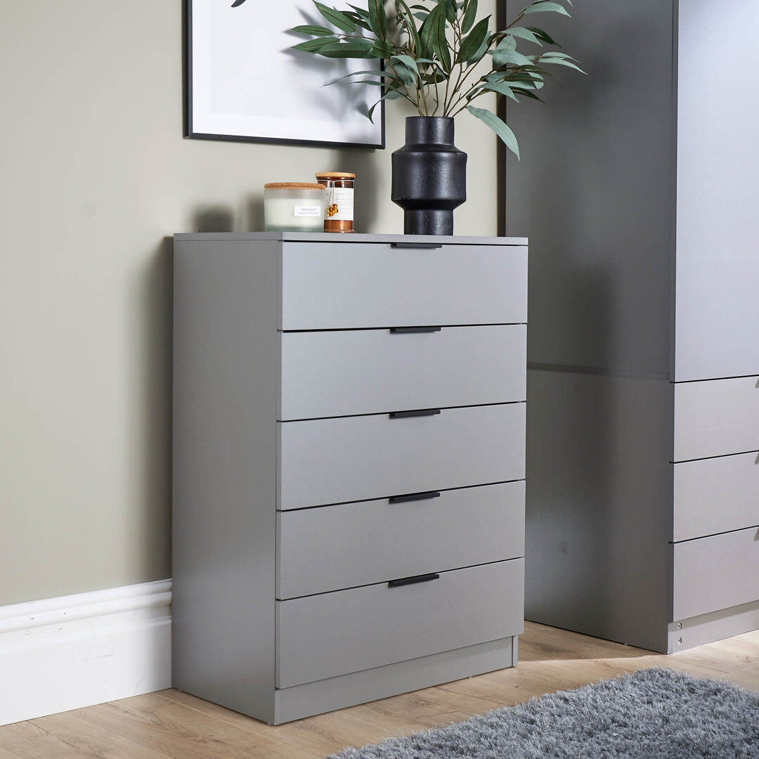 BigFurnitureWarehouse Phoenix 5 Drawer Chest Bedroom Storage Unit Grey 90cm H X 63cm W X 35cm D