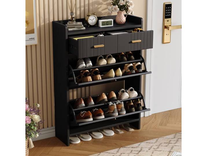 Meuble à Chaussures Noir- 2 Abattants - avec 2 Tiroirs Armoire-Chaussures Étroit 75 × 24 × 108 5 cm