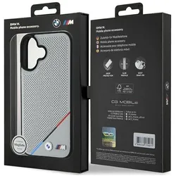 BMW BMHMP16S23PUPDG iPhone 16 6.1" szary/grey hardcase M Perforated Tricolor Line MagSafe (Apple iPhone 16), Smartphone Hülle, Silber, Grau