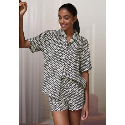 Pyjamaoberteil LASCANA, Damen, Gr. 34, schwarz-weiß (schwarz, weiß gemustert), Web, Obermaterial: 100% Viskose, gemustert, bequem hüftbedeckend, Shirts, mit edlem Allover-Druck