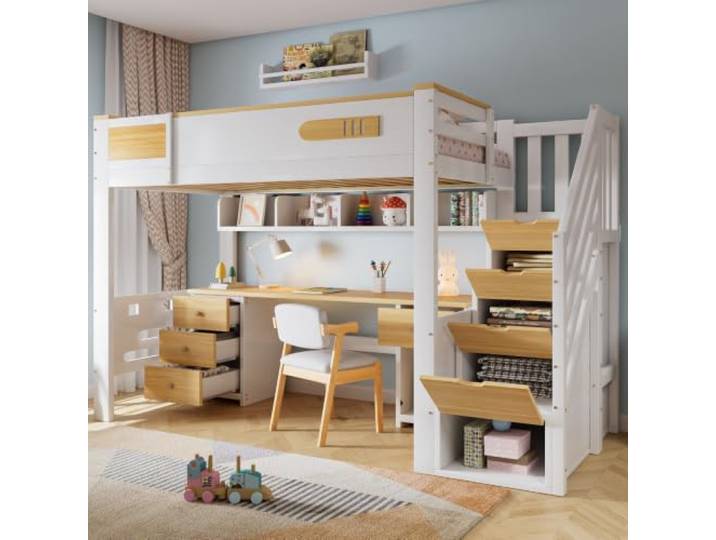 I0I&I0I Hochbett Kinderbett 90x200 cm mit Schreibtisch, Stauraumtreppe, Schubladen und Regal für Kinderzimmer