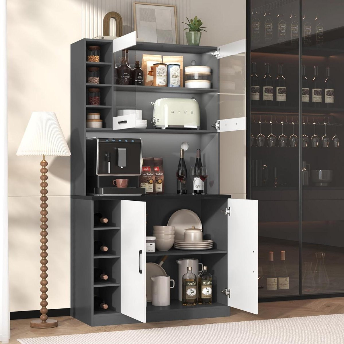 Wit Buffetkast Highboard met Ledverlichting voor in de Keuken - B: 100 cm, D: 47 cm, H: 187 cm