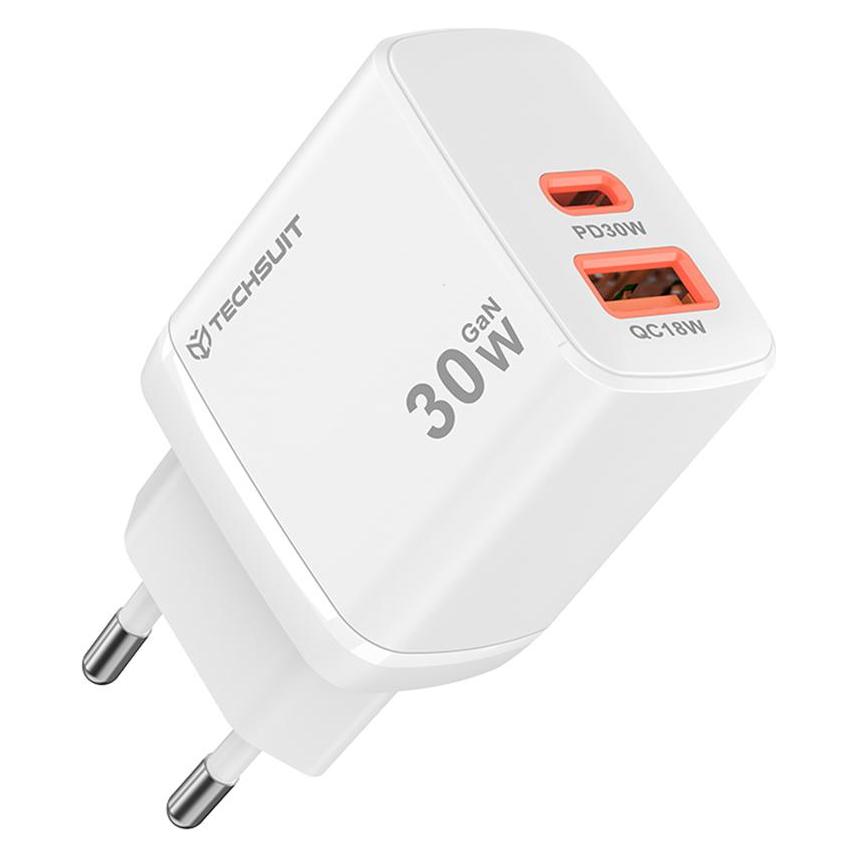 Techsuit - Wall Charger Duonix30W (CH1) - Type-C, USB, Dual Travel Charger 30W - White (30 W, 2 Ports) (60630532)
