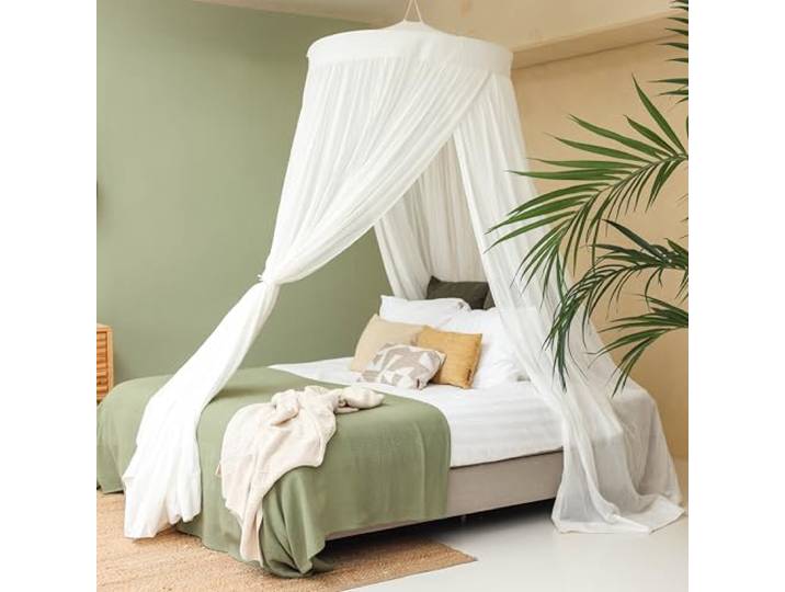 Betthimmel aus 100% Baumwolle für Doppelbett Luxuriöses Moskitonetz Runder Dekorativer Baldachin für Bett Mückennetz Vorhänge, 2 Öffnungen