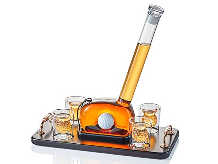 CRAFTGEN Golf Dekanter Whiskey-Set mit 4 Kugelgläsern – einzigartige Geschenke für Männer, 750 ml, Themen-Spirituose, Alkohol, Wein, Scotch, Bourbon, Wodka, Tequila, 53,5 cm x 52 cm, 43 cm