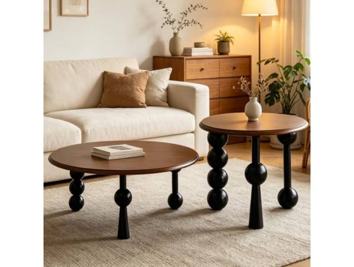 Runder Couchtisch aus massivem Kautschukholz, moderner französischer Retro Couchtisch umweltfreundliches Massivholz, stabile Zapfenverbindung, sichere abgerundete Kanten(Two-tone)