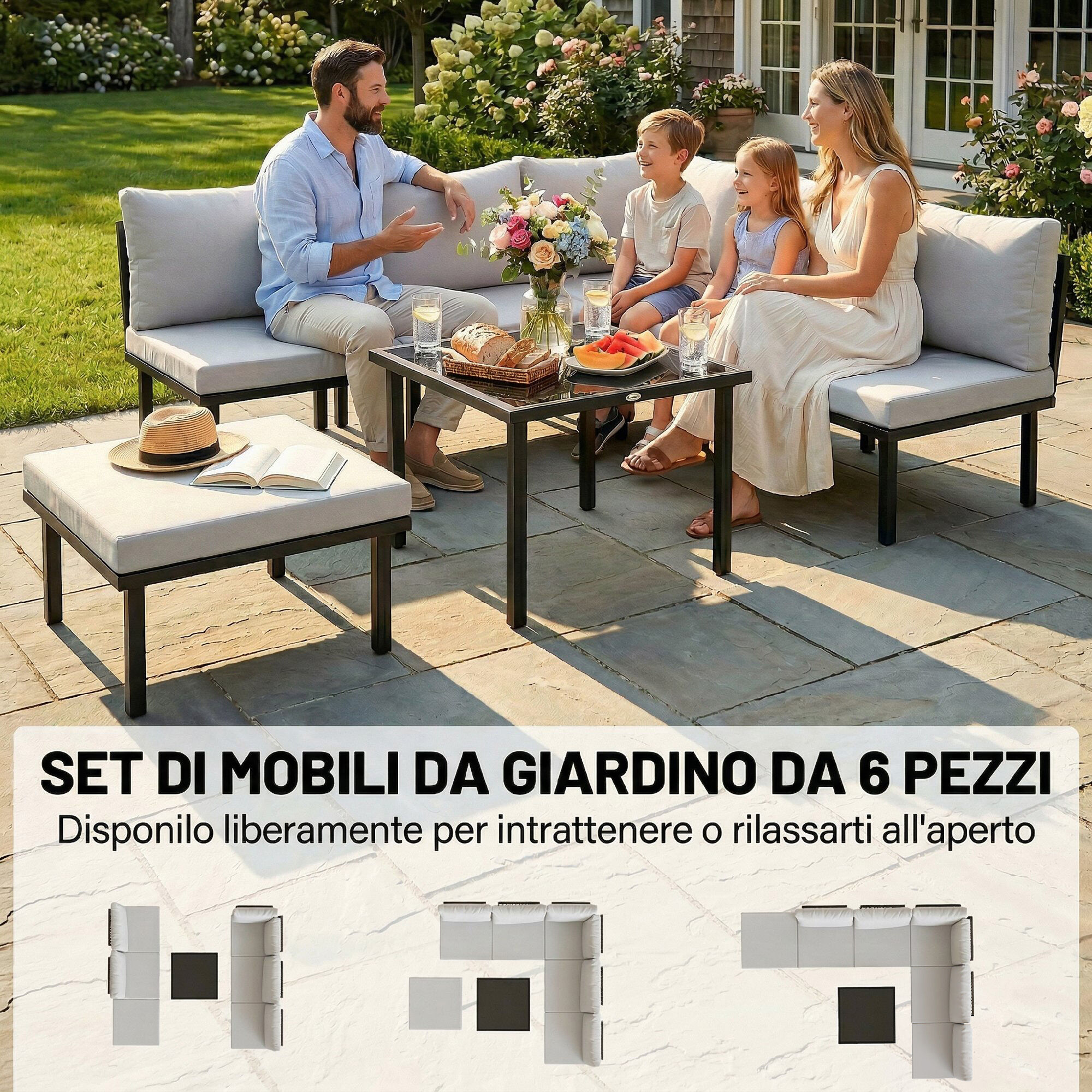 Altro Set Mobili Giardino Metallo 6 Persone, Divano Angolare Cuscini, Grigio Chiaro