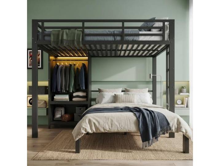 Elaimoros Metallbett 120 x 200 cm, Doppelstockbett in Schwarz, Etagenbett mit 2 Liegeflächen, gerader Leiter, integriertem Kleiderschrank