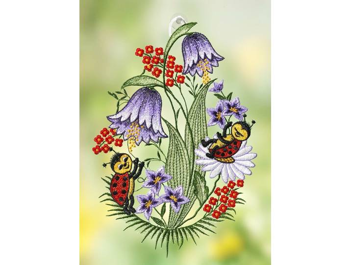 Fensterbild Marienkäfer aus Plauener Spitze, Grün-Bunt