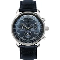 Zeppelin Herrenuhr 76803 - Blaues Ziffernblatt mit weißen Zahlen/Indices,Leuchtpunkte,Leuchtzeigern,dunkelblau,graue Naht - 42mm