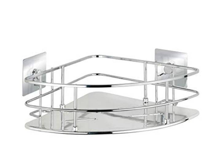 WENKO Turbo-Loc® étagère d'angle Quadro - Fixer sans percer de Trous\, Acier Inoxydable\, 27.5 x 10 x 19.3 cm\, Chromé