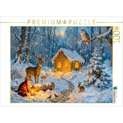 CALVENDO Puzzle Winter Cottage Szene mit Hirsch Fuchs Eule Hase und Eichhörnchen | 1000 Teile Lege-Größe 64 × 48 cm Foto-Puzzle für glückliche Stunden
