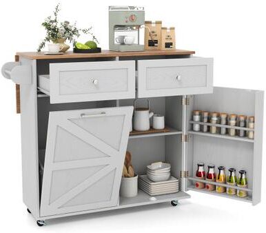 Costway Rolling Kitchen Island with Trash Can Cabinet and Rubber Universal Wheels-Grey