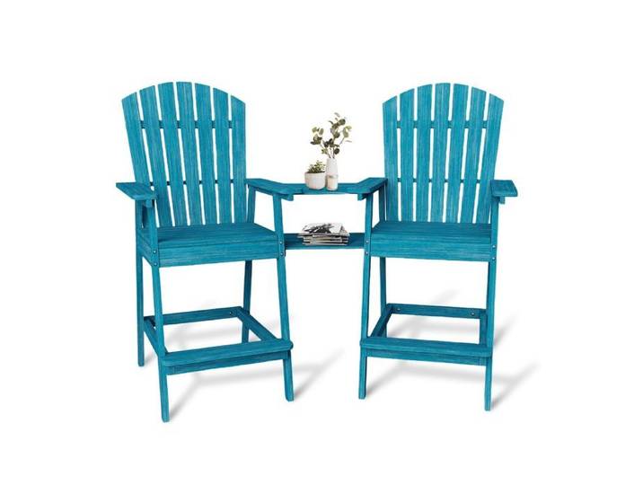 Lot de 2 fauteuils de jardin Adirondack avec table centrale dossier haut chaises bar pour extérieur terrasse balcon bleu