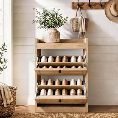 YUN Wooden Shoe Cabinet with 2 Flip Drawers, Compact Entryway Shoe Storage Organizer