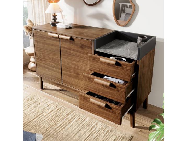 Buffet Bahut Salon Salle à Manger 2 Portes 3 Tiroirs Étagère Réglable Style Marbre 120x40x77 cm LEMLIT - Chêne