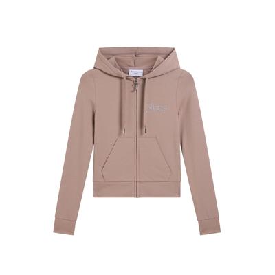 Kapuzennickijacke JUICY COUTURE "OOLA DIAMANTE JERSEY HOODIE. Damen", Damen, Gr. S, beige (fungi), Jersey, 40% Baumwolle, 40% Modal, 20% Polyester, slim fit taillenlang, Jacken, Trainingsjacke Damen, Sweatjacke mit Kapuze, Jersey, mit Glitzer, Sale